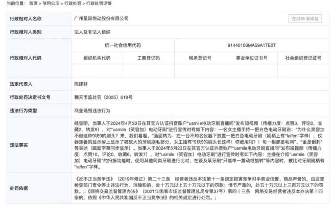 usmile笑容加因商业诋毁违法行为被罚，通过抖音传播贬低竞品牙刷
