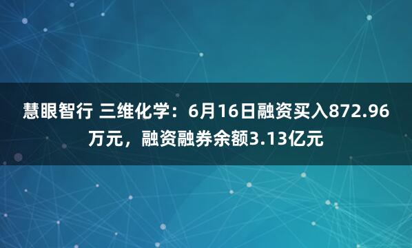 慧眼智行 三维化学：6月16日融资买入872.96万元，融资融券余额3.13亿元